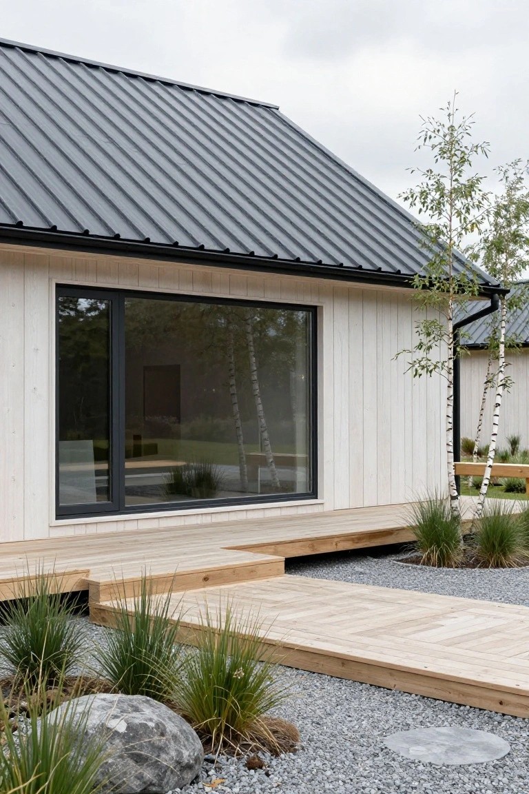 Small modern cottage exterior with white vertical wood siding, large black-framed floor-to-ceiling window, dark sloped metal roof, wooden deck and steps, gravel garden with ornamental grasses, rocks, and birch trees nearby.