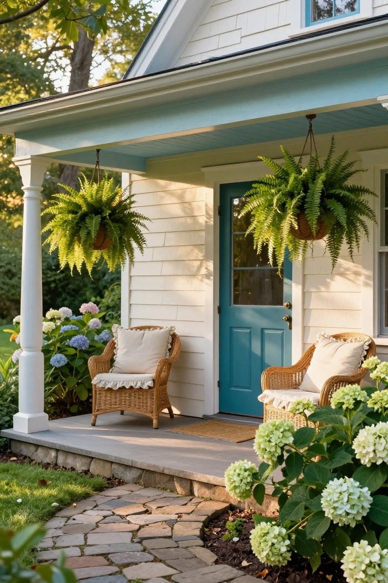 White shingled cottage house with blue front door and porch ceiling, white columns supporting the porch roof with hanging ferns, two wicker chairs with cushions on the porch, hydrangea shrubs nearby, and a stone path leading to steps.