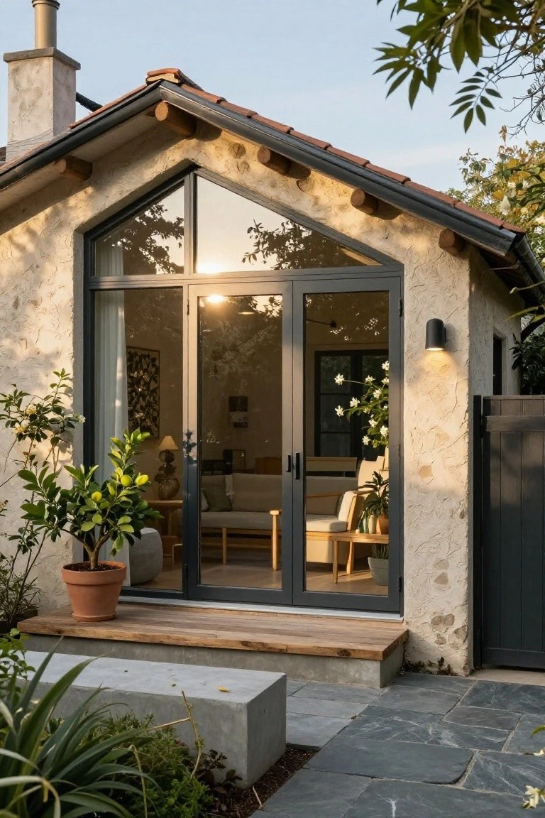 Small stucco cottage exterior featuring terracotta tile roof, exposed wooden beams, large black-framed glass doors revealing an indoor living area with sofa, potted lemon tree on wooden steps, and surrounding plants and stone path.