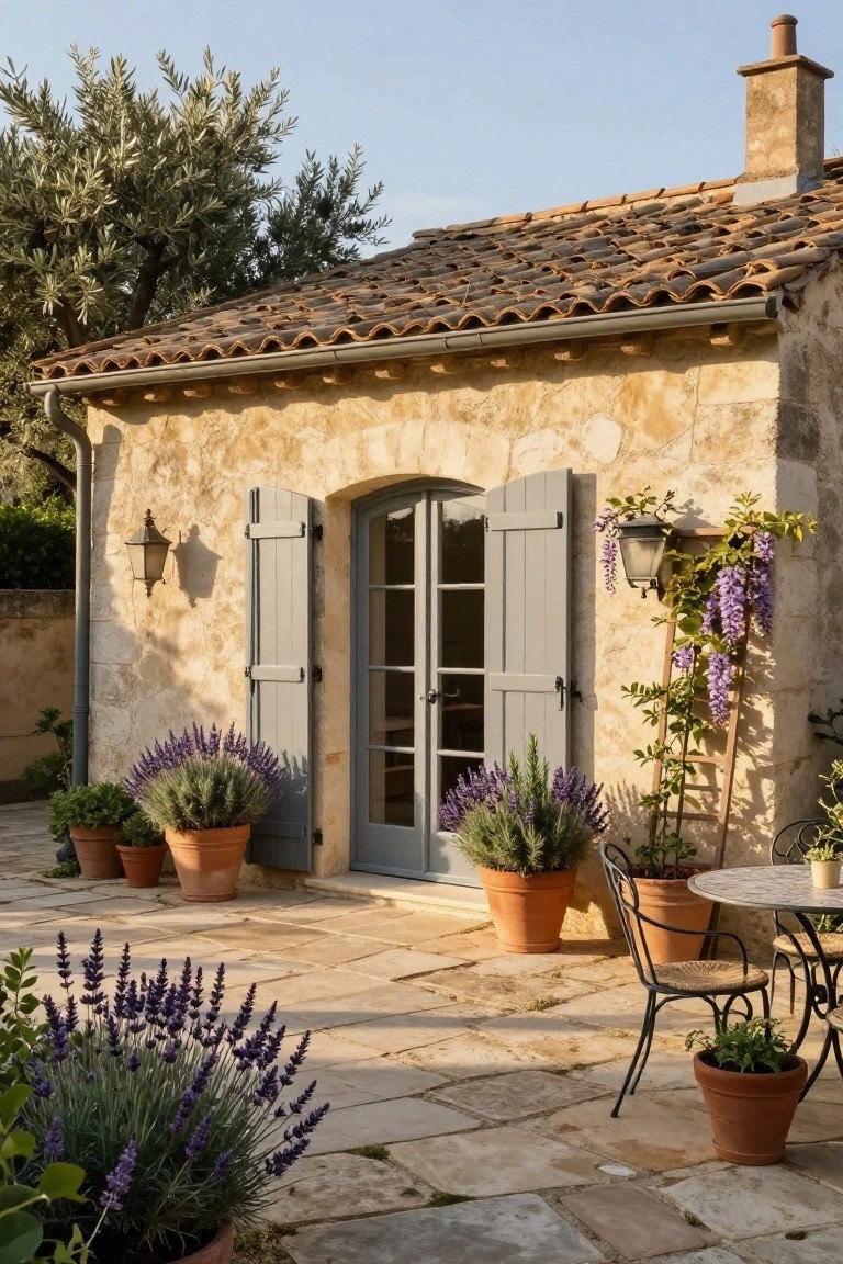 Beige textured stone cottage with terracotta tile roof, arched gray doorway flanked by blue-gray shutters, potted lavender plants on stone patio, small bistro table with chairs, and climbing wisteria on ladder.