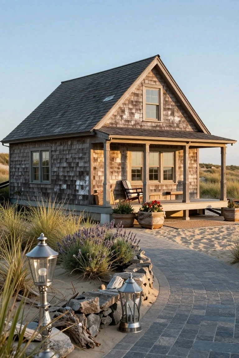 Small elevated cottage with dark gray shingle siding, gabled roof, front porch with chair and plants, surrounded by dune grass, lavender, stone wall, lanterns, and brick path on sandy ground.