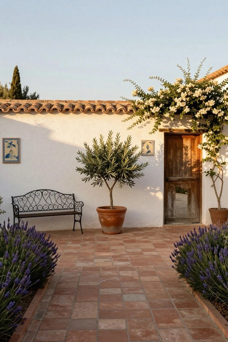 Wrought-iron bench next to a potted olive tree against a white stucco wall with blue tiles and a weathered wooden door, lavender bushes bordering a terracotta tiled path.