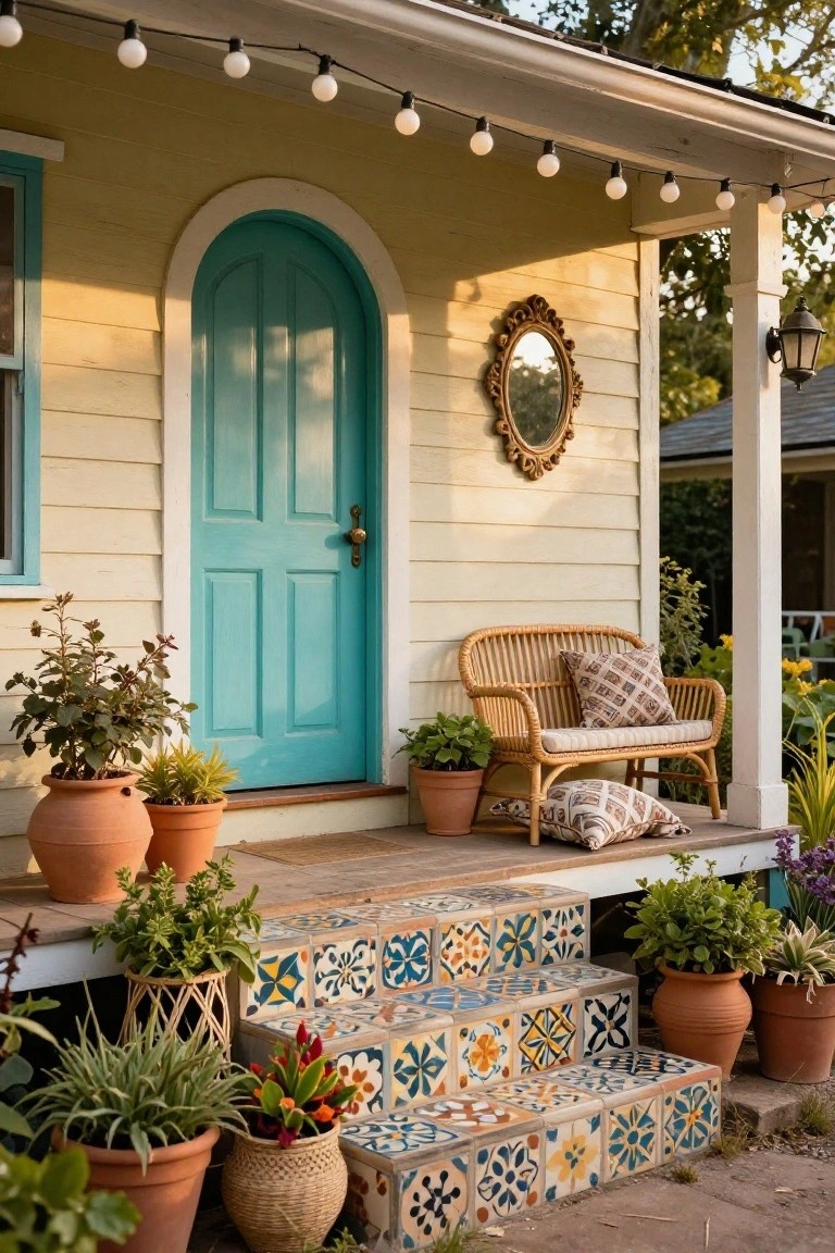 Pale yellow wood-sided cottage exterior featuring a turquoise paneled arched front door, ornate gold-framed mirror on the wall, rattan bench with cushions on the porch, colorful patterned tile steps, and various potted plants and string lights.