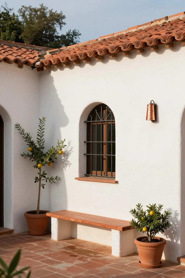 White stucco house wall with overhanging terracotta tile roof, arched window featuring wrought iron grille and wooden shutters, copper lantern light, two potted olive trees with fruit, wooden bench, and terracotta tile patio floor.