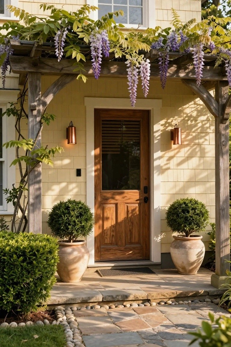 Yellow shingle siding house exterior featuring a wooden pergola covered in purple wisteria above a dark wood door with shutters, flanked by copper lanterns and large terracotta pots of trimmed boxwood shrubs on a stone porch steps.