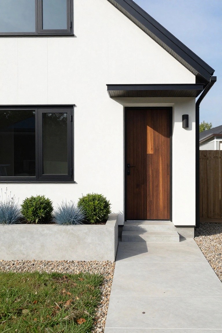 White modern house exterior with black-framed window, vertical slat wood front door, black wall light, concrete steps, raised concrete planter with shrubs and grasses, gravel path, and adjacent grass lawn.