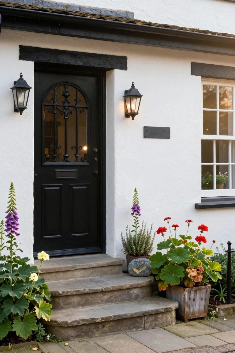 White cottage facade with black front door featuring arched wrought-iron grille, two black lanterns, stone entry steps, potted plants, and flowers.