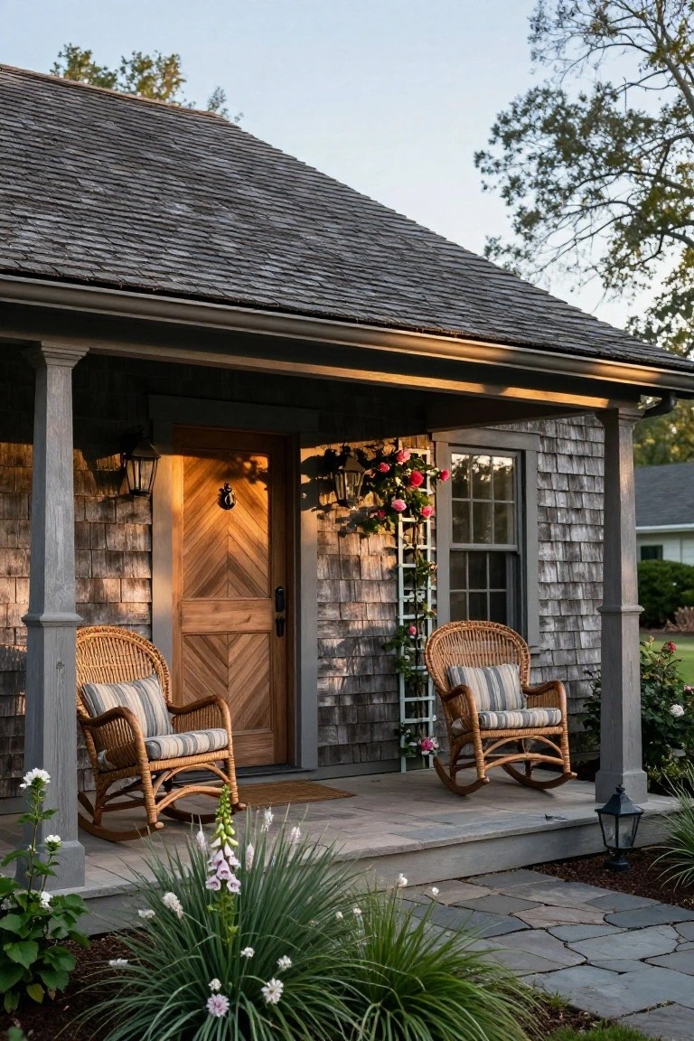 Front porch of a shingled cottage featuring a chevron-patterned wooden door flanked by wicker rocking chairs, climbing roses on a trellis, lanterns, and low plantings along a stone path.