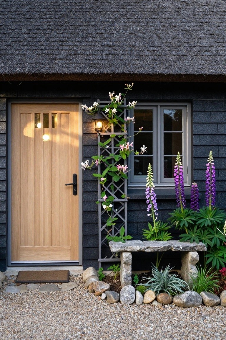 Black shingled cottage exterior with light vertical oak front door, metal trellis supporting pink climbing flowers, purple lupine plants, stone bench in gravel bed, and lantern lights.