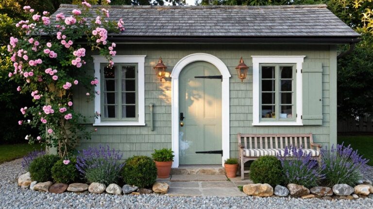 Sage green shingled cottage exterior with arched wooden door, copper lantern light, climbing pink roses, wooden bench, lavender plants, potted agave, stone path, and rock wall edging.