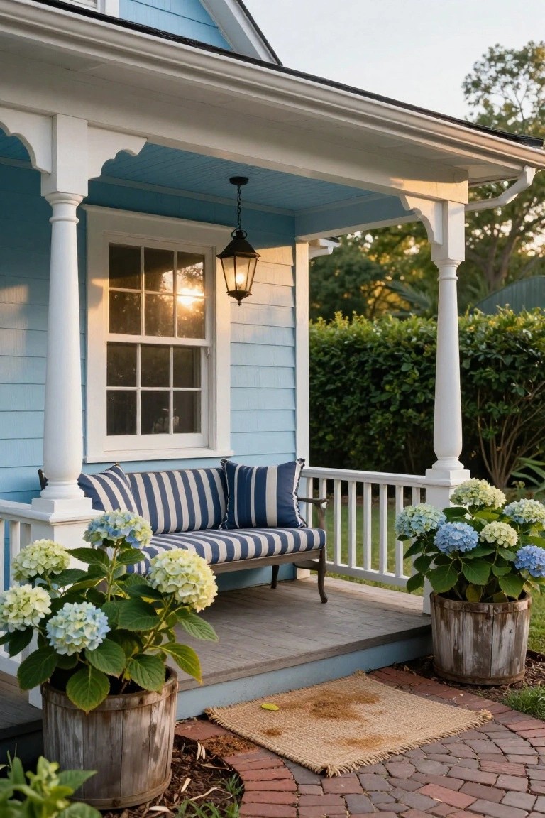 Light blue clapboard cottage exterior with white porch columns, hanging lantern, blue-and-white striped bench on the porch, two large wooden pots of hydrangeas flanking brick steps, and seagrass doormat.