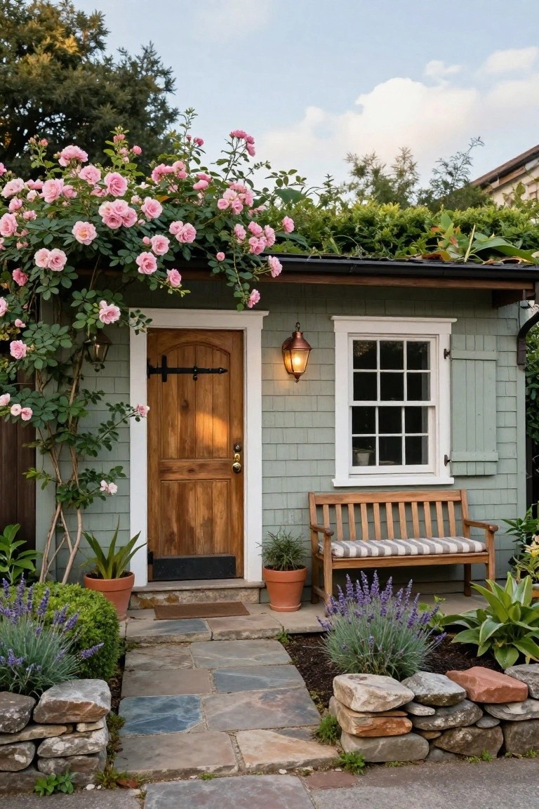 Sage green shingled cottage exterior with arched wooden door, copper lantern light, climbing pink roses, wooden bench, lavender plants, potted agave, stone path, and rock wall edging.