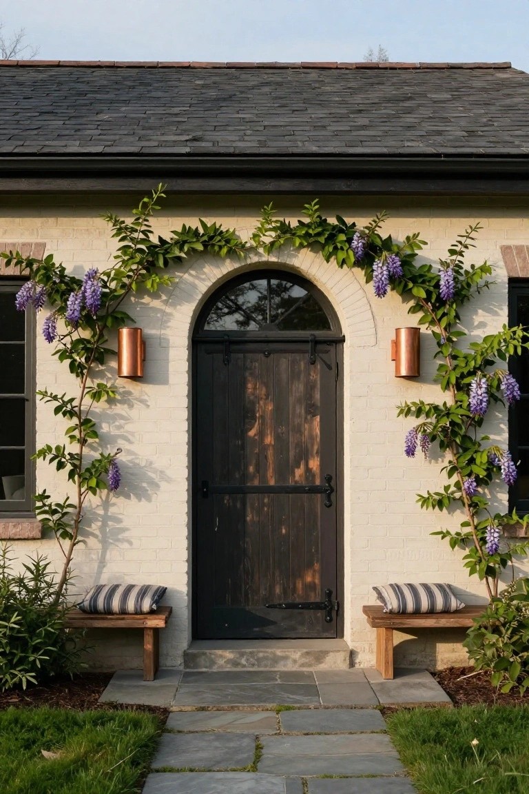 Cream brick house exterior with a black arched wooden door framed by green wisteria vines and purple blooms, flanked by copper wall lanterns and wooden benches on a stone pathway.