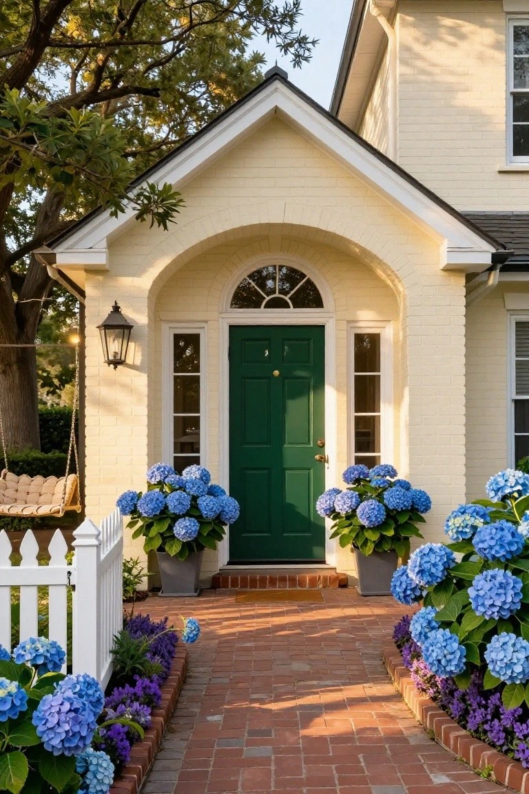 Cream brick house exterior with arched entry porch, green front door, sidelights, blue hydrangeas in pots flanking the brick pathway, lantern light, and porch swing nearby.