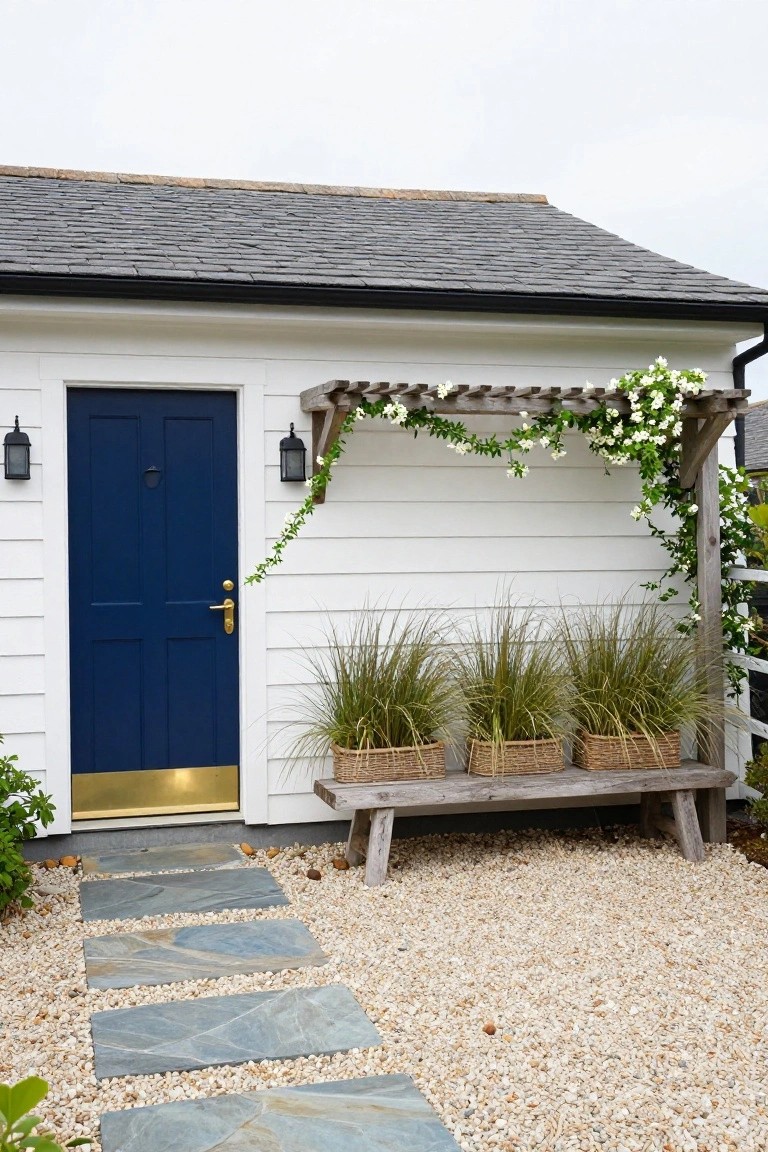 White clapboard cottage with slate roof and navy blue front door, white lanterns on either side, climbing white star jasmine on wooden pergola, three woven baskets of ornamental grasses on weathered bench, slate stone path through gravel yard.