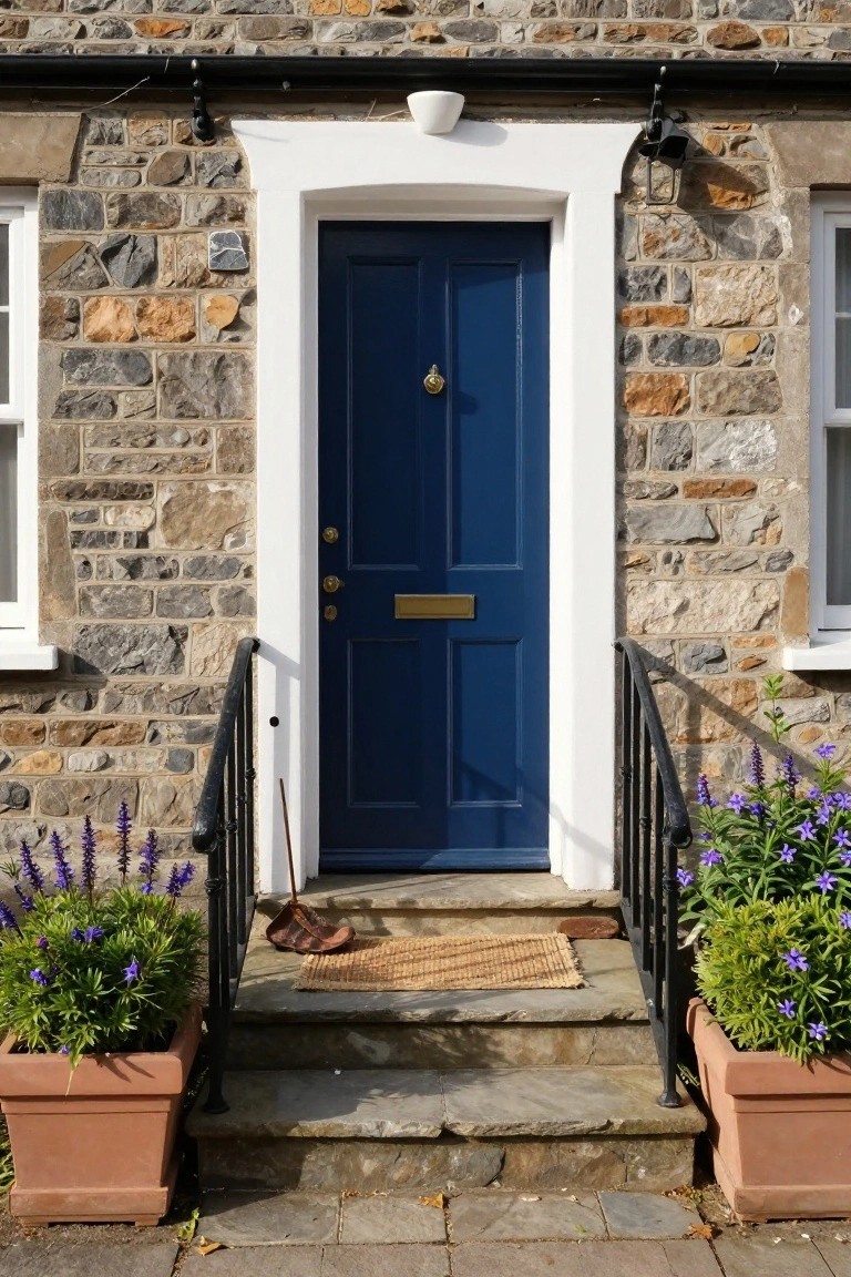 Stone cottage facade featuring a navy blue front door with brass knocker and letterbox, flanked by stone steps with black railing, potted purple-flowering plants, a welcome mat, and a broom.
