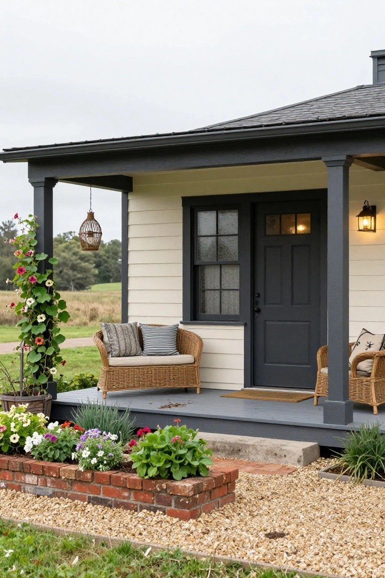 Cream clapboard cottage with dark gray front door and trim, covered porch holding two wicker armchairs with cushions, climbing flowering vine on post, brick-edged flower bed with plants, gravel path, distant fields under cloudy sky.