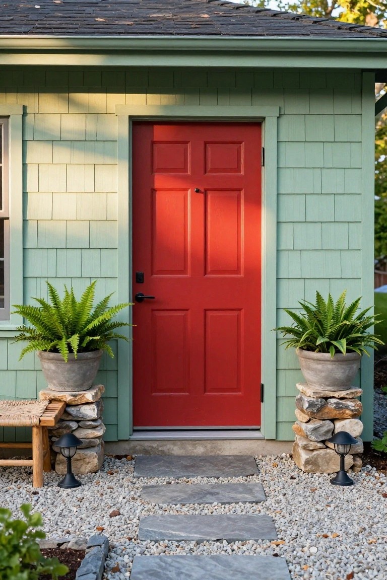 Mint green shingle-sided cottage exterior with a red paneled front door, small window beside it, ferns in concrete pots on stacked stone bases flanking the door, wooden bench, gravel path with slate steps, and black lantern lights.