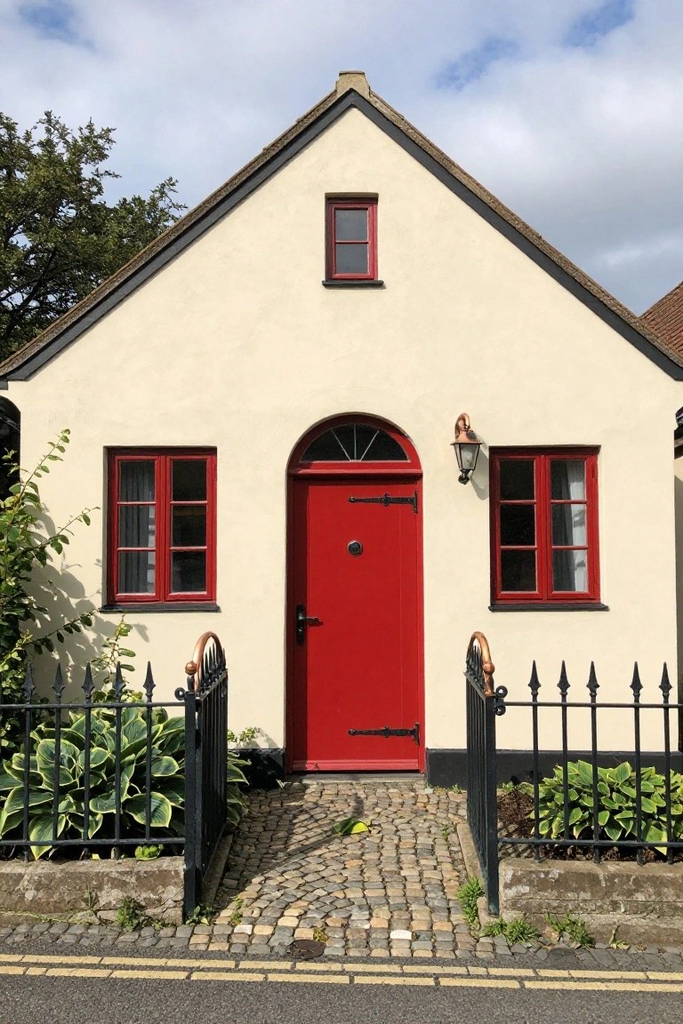 Cream-colored stucco cottage exterior with red front door, red window frames, copper lanterns, black iron gate with spikes, hosta plants in beds, and cobblestone path leading to the street.