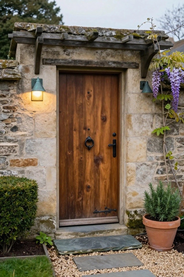 Dark wooden plank door with black knocker and handle in a stone arched wall, flanked by green metal lanterns, wisteria vine overhead, boxwood shrubs, potted rosemary, and stone steps on gravel path.
