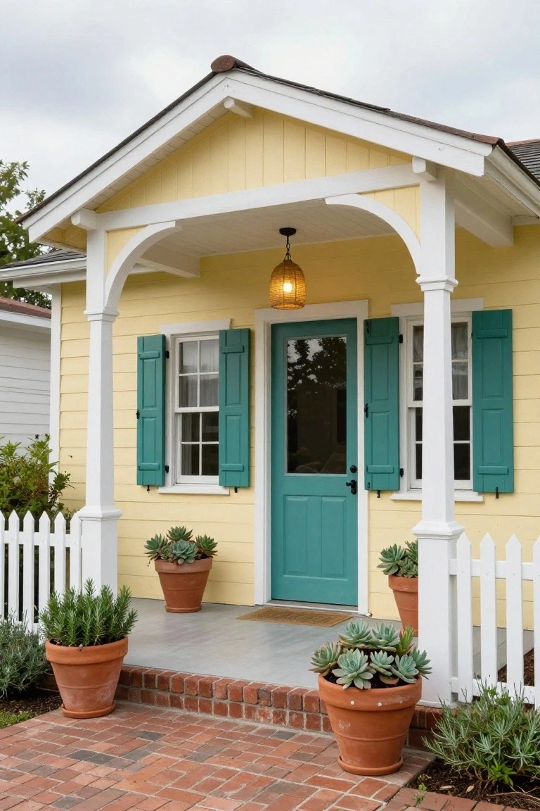 Pale yellow cottage with white porch, teal front door and shutters, potted succulents, and white picket fence on brick path.