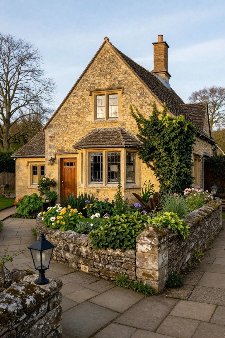 Stone cottage with gabled roof, wooden front door, leaded bay window, climbing ivy on walls, colorful flower beds in border along low stone wall, black lantern on path, surrounded by garden plants and trees under partly cloudy sky.
