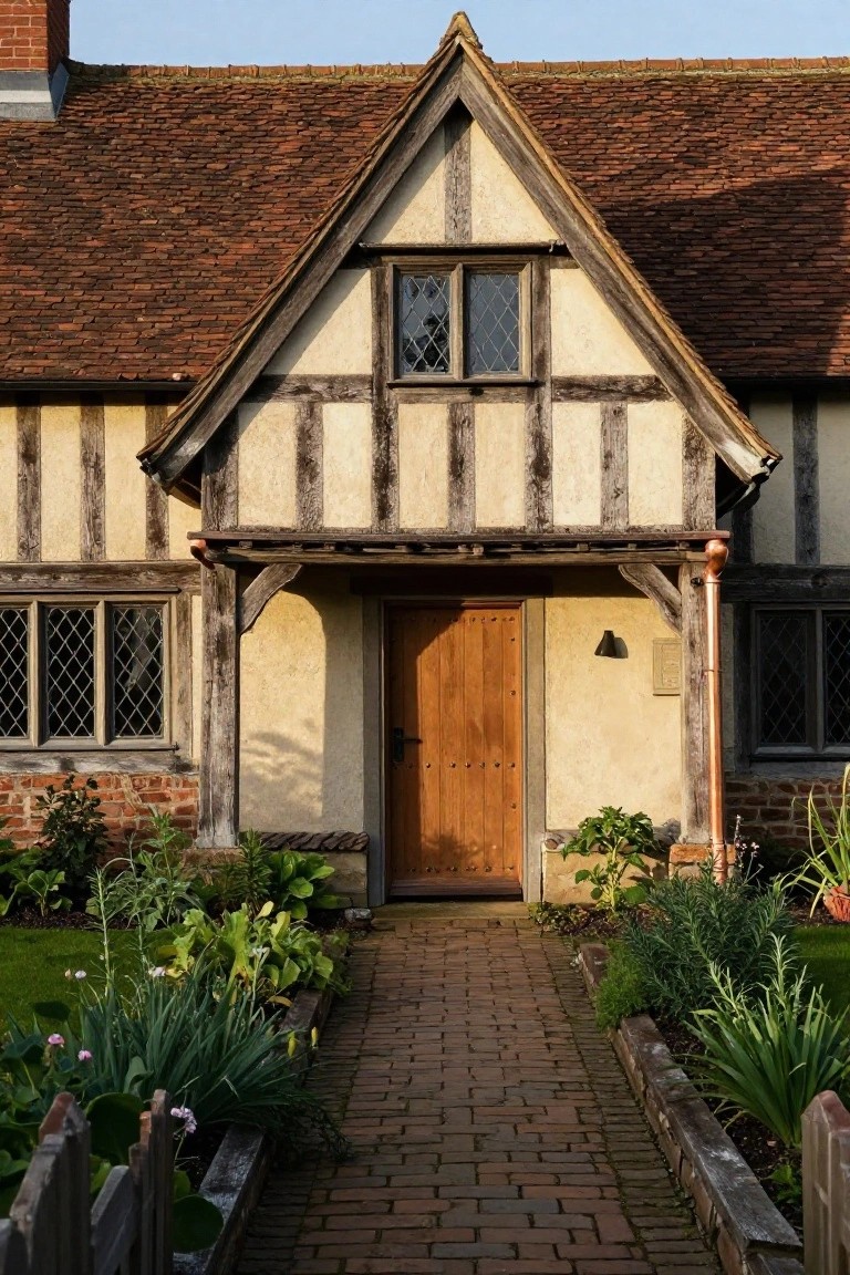 Half-timbered cottage house with gabled roof, overhanging wooden porch above a plank front door, leaded windows, brick pathway, and border plants.