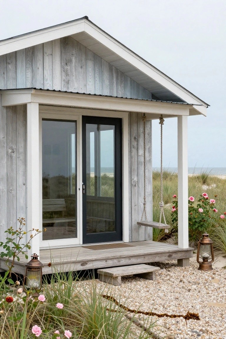 Small gray weathered wood cottage with gabled roof, covered porch featuring hanging swing and sliding glass doors facing beach dunes, flanked by lanterns and beach grass.