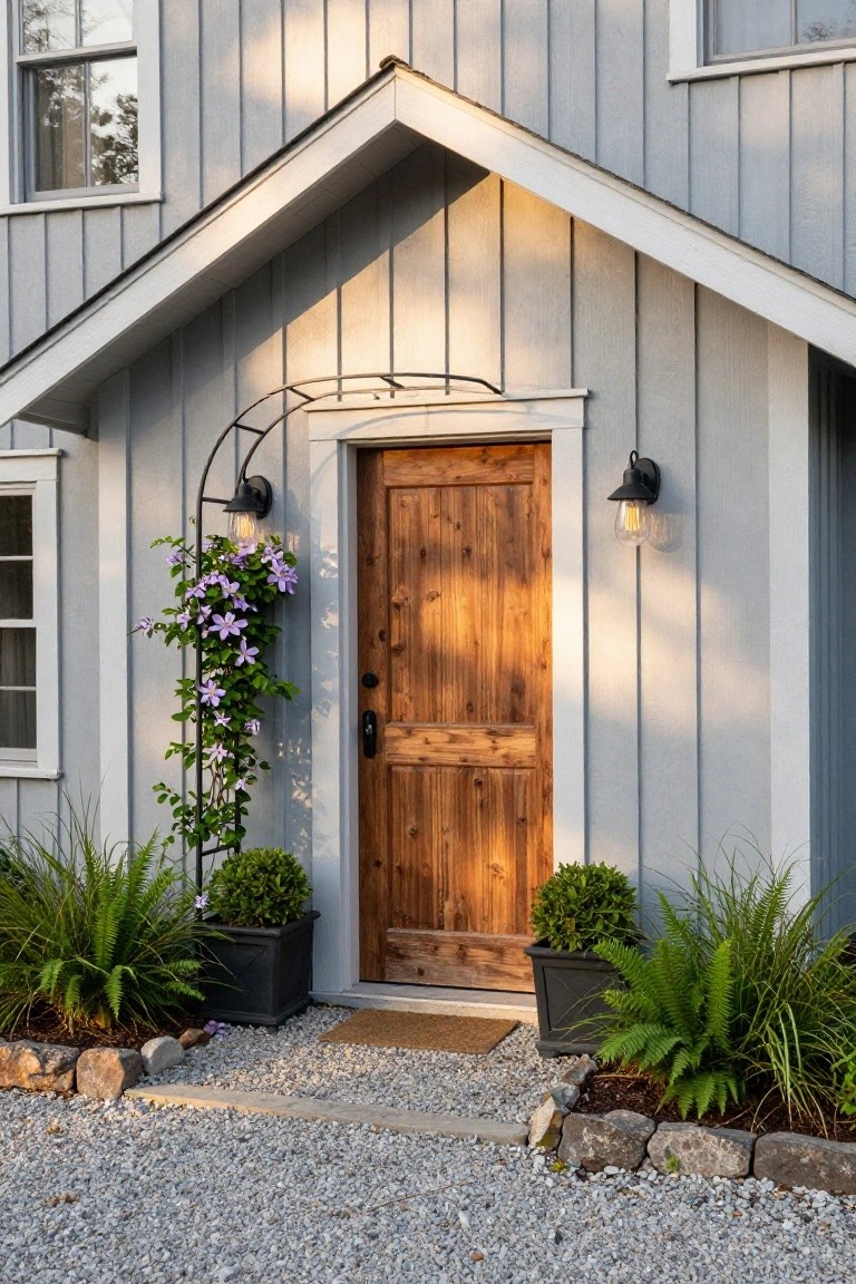 Gray clapboard house exterior featuring a wooden front door under a gabled entry, with climbing clematis on a metal arbor, wall lanterns, potted ferns and boxwood plants, and a gravel path with stone borders.