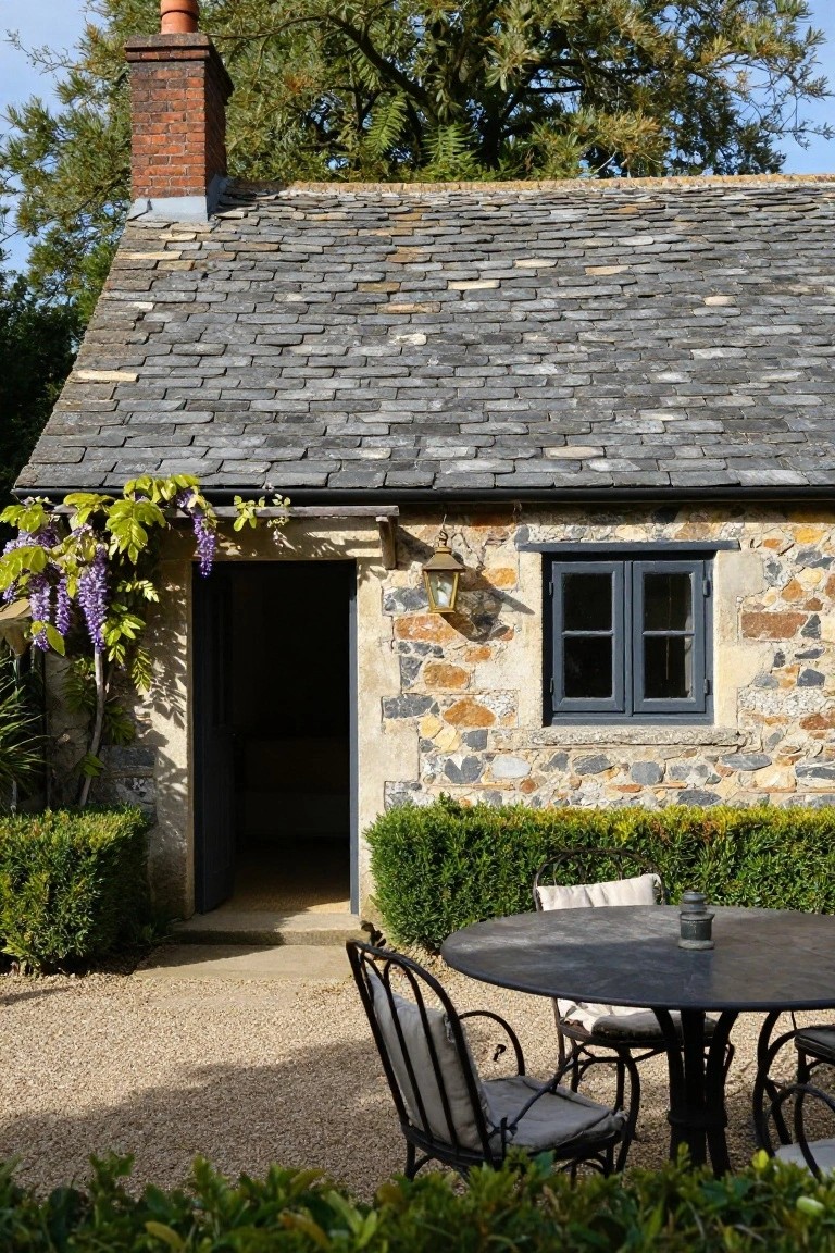 Stone cottage exterior with dark slate shingled roof, open dark wooden door under wisteria vines, black-framed window, lantern light, boxwood hedges, and metal outdoor table with chairs on gravel patio.