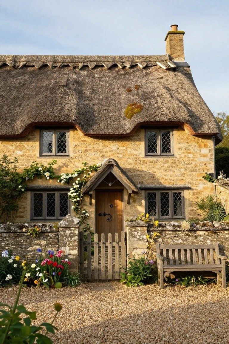 Stone cottage with thick thatched roof, leaded glass windows, climbing white roses on the facade, wooden front door, picket gate, flower garden, and wooden bench on gravel path.