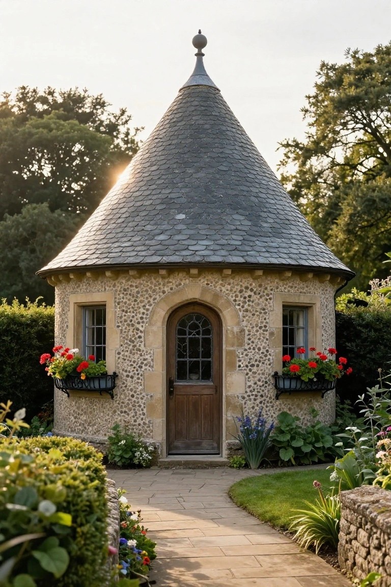 Small round stone cottage with conical gray slate roof, arched wooden door, two windows with red flower boxes, stone path leading to entrance, surrounded by hedges, flowers, and trees in garden setting.
