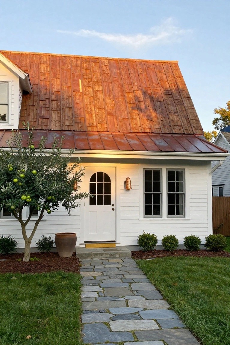 White clapboard cottage with reddish copper shingle roof, arched front door lit by wall sconce, double-hung windows, olive tree, terracotta pot, stone path, and mulch beds in front yard.