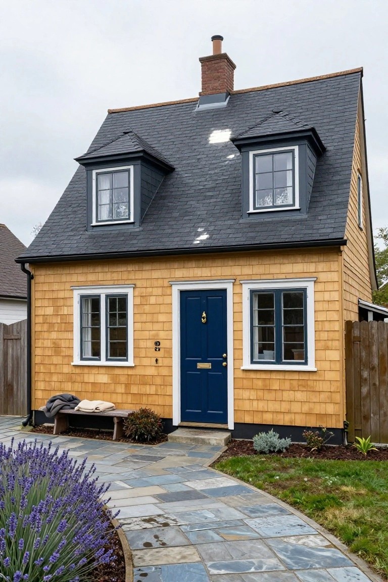 Yellow shingle-sided cottage with dark slate gabled roof and dormers, navy blue front door, wooden bench, lavender plants, and slate stone path.