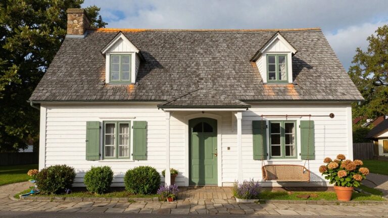 White clapboard cottage with green shutters and door under a steep gabled roof of wood shingles, stone chimney, hanging porch swing, and garden plantings.