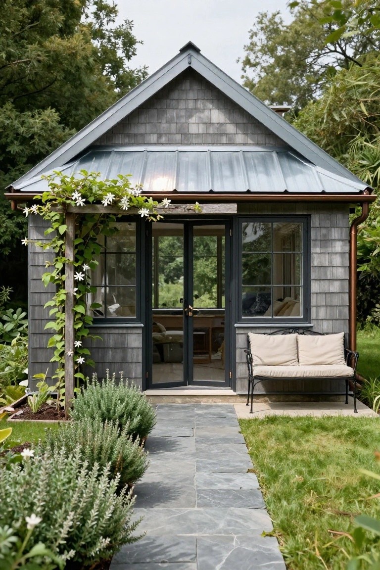 Small gray shingle cottage with shiny metal roof and copper gutters, white climbing flowers on wooden trellis beside black-framed glass doors and windows, beige bench on stone path lined with lavender bushes in garden setting.