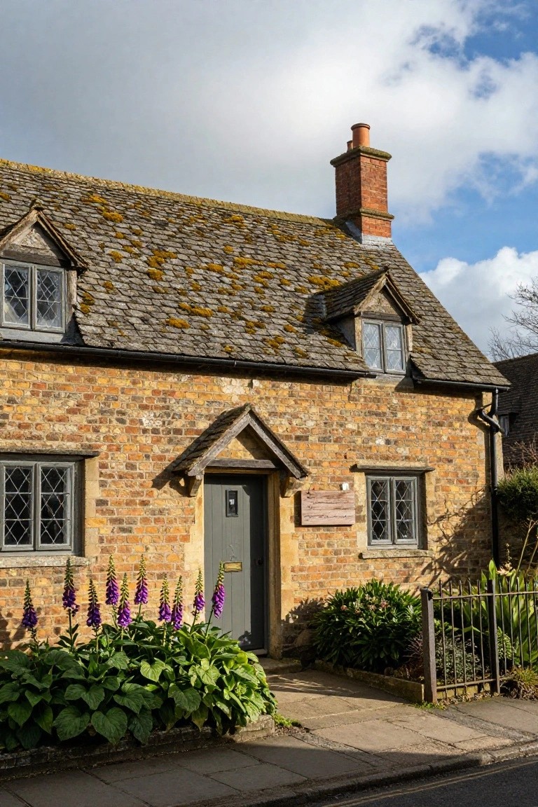 A traditional brick cottage with moss-covered slate roof, gabled dormers, leaded windows, green front door flanked by foxgloves and hostas, and a small iron fence.