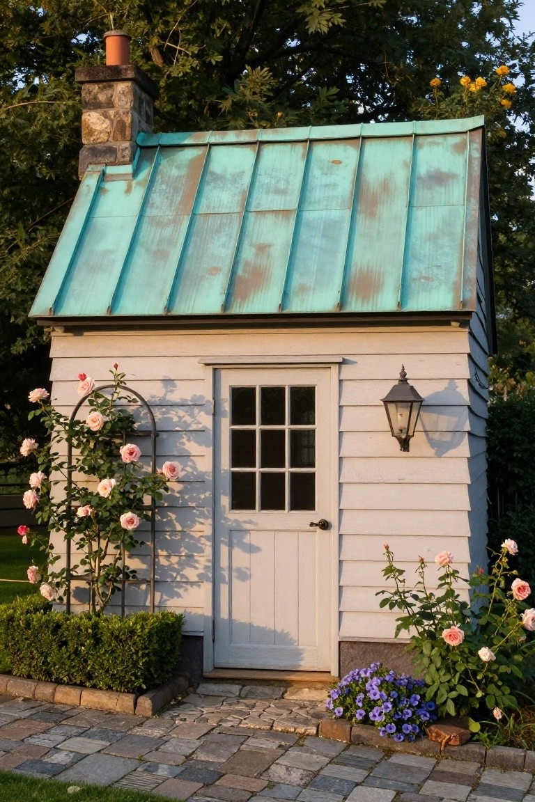 Small white clapboard garden shed with weathered turquoise copper standing-seam roof, nine-pane window door, lantern light, climbing roses on trellis, boxwood hedge, and stone path.
