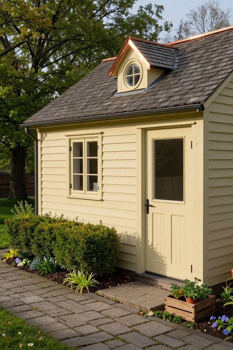 Small yellow clapboard shed with gabled shingle roof, copper ridge flashing, round dormer window, paneled door, flanked by shrubs and plants along a stone path.