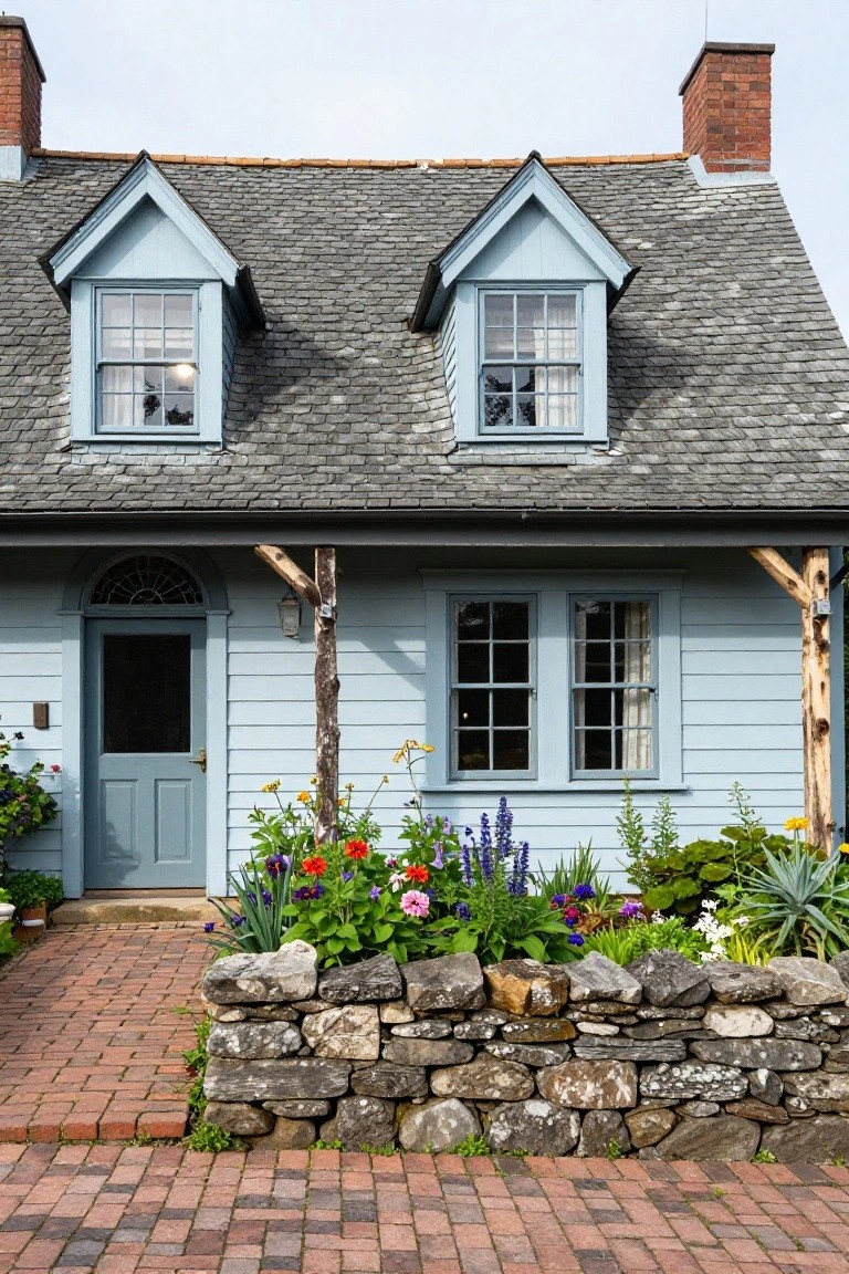 Light blue clapboard cottage with dark slate gabled roof featuring two dormer windows, arched front door, flower garden, stone retaining wall, and brick pathway.