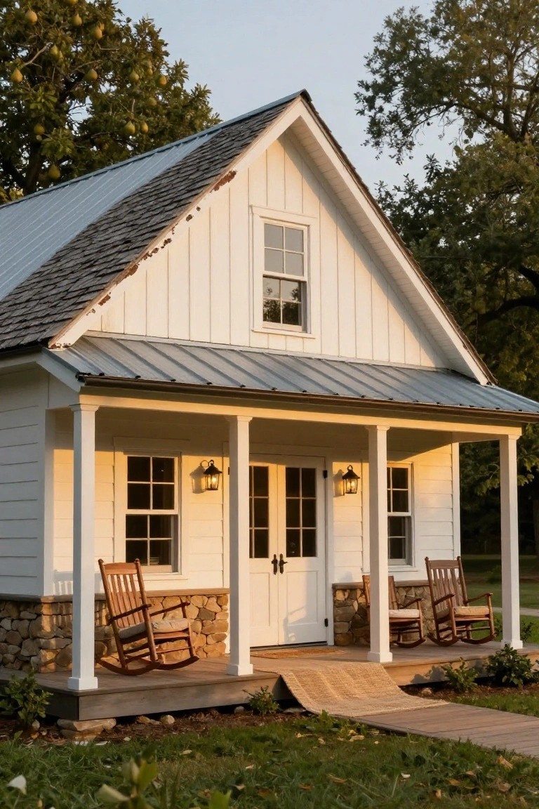 White board-and-batten cottage with dark standing seam metal roof, covered front porch supported by columns, two wooden rocking chairs, stone foundation, lanterns by double doors, and wooden walkway amid grass and trees.