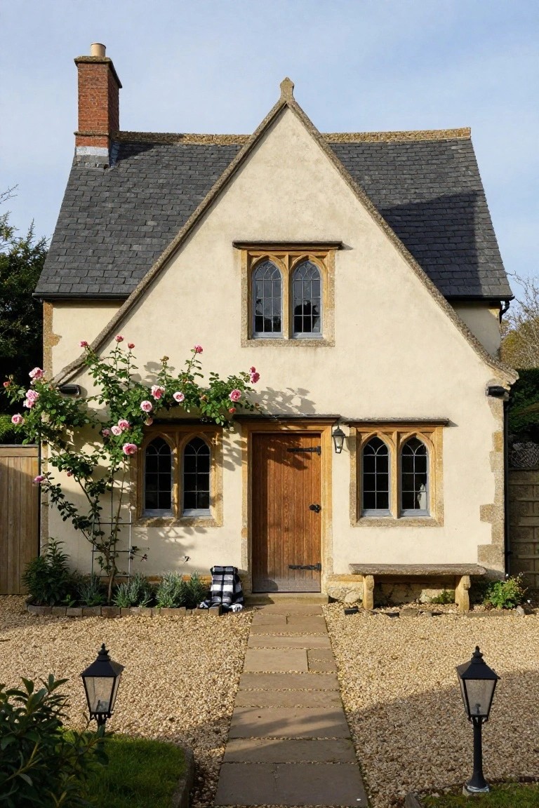 Beige stucco cottage with steep dark slate gabled roof, tall chimney, arched leaded windows, wooden front door, pink climbing roses on trellis, gravel yard with stone path and black metal lanterns.