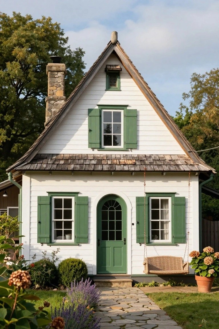 White clapboard cottage with green shutters and door under a steep gabled roof of wood shingles, stone chimney, hanging porch swing, and garden plantings.