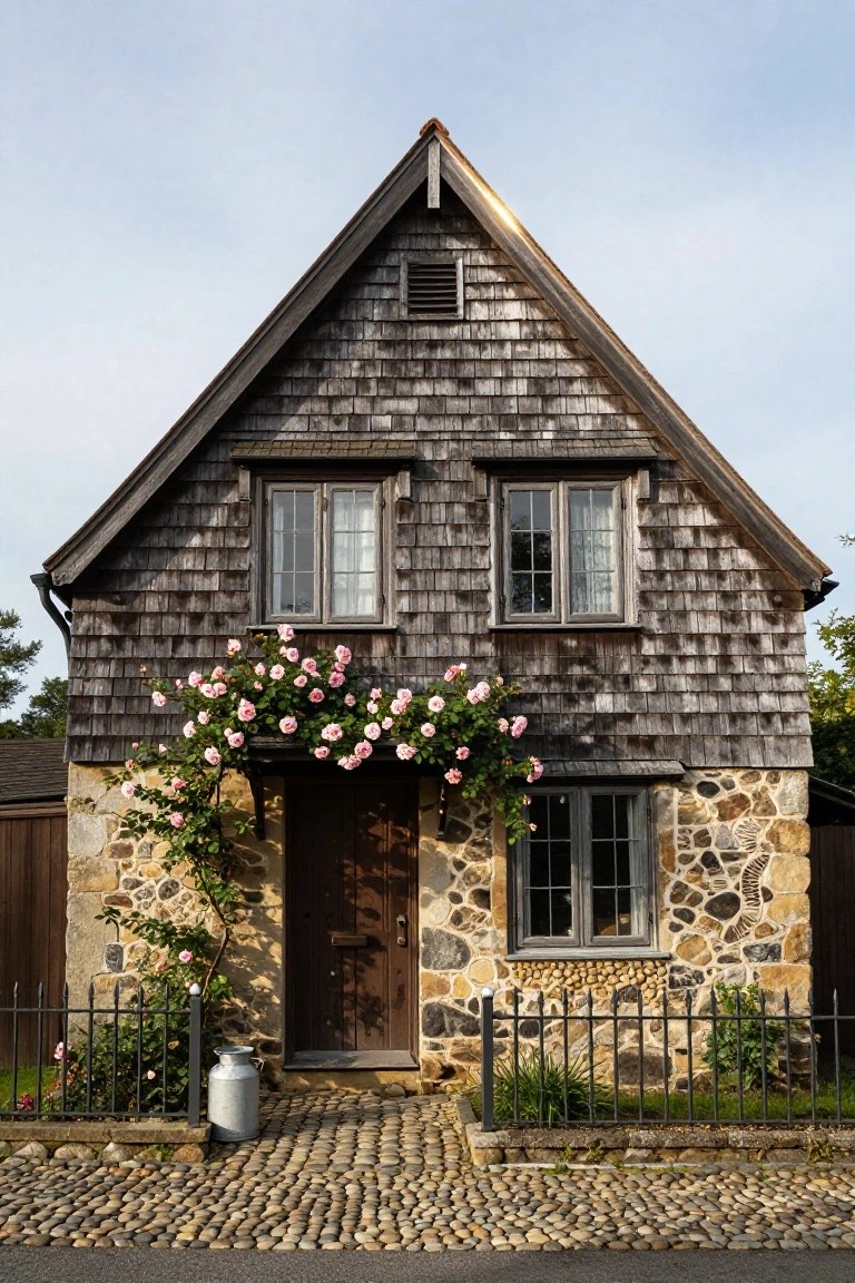 Two-story cottage exterior with dark weathered cedar shingle siding and steep gabled roof, pink climbing roses on the lower stone wall, wooden front door, white milk can on a cobblestone path, black iron fence.