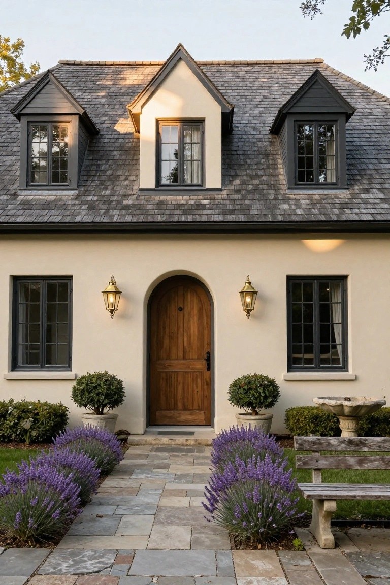 Cream stucco cottage exterior with black trim dormer windows, arched wooden front door flanked by brass lanterns and black-framed windows, stone pathway lined with lavender plants leading to a wooden bench.