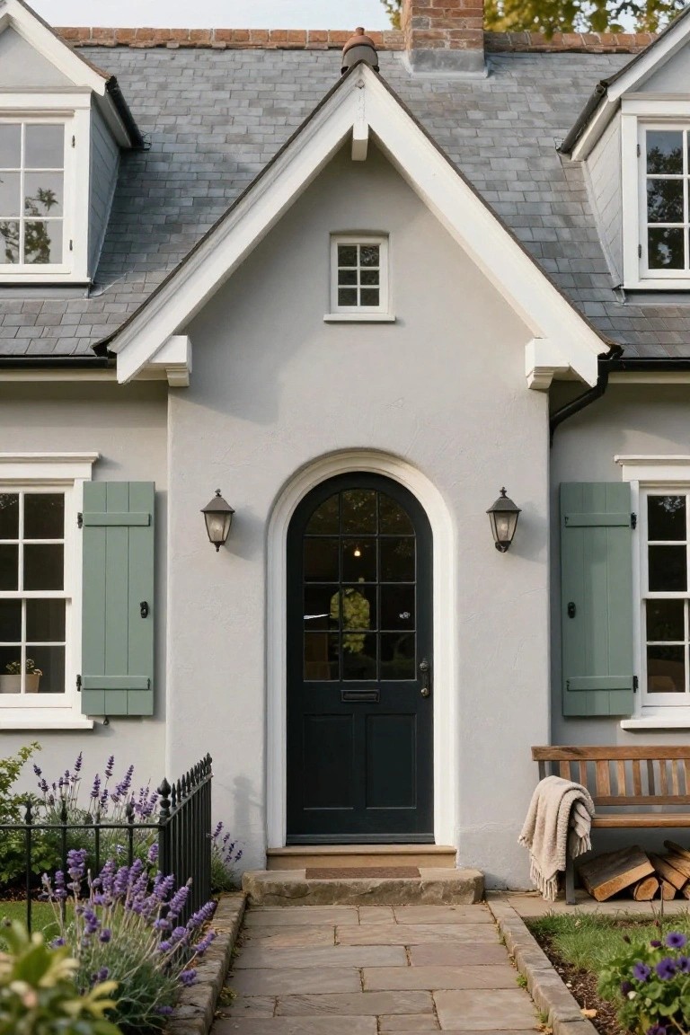 Light gray stucco cottage exterior featuring a black arched front door with glass panels, flanked by windows with sage green shutters and lanterns, a wooden bench with a throw blanket nearby, lavender plants along a black iron fence, and a stone pathway.