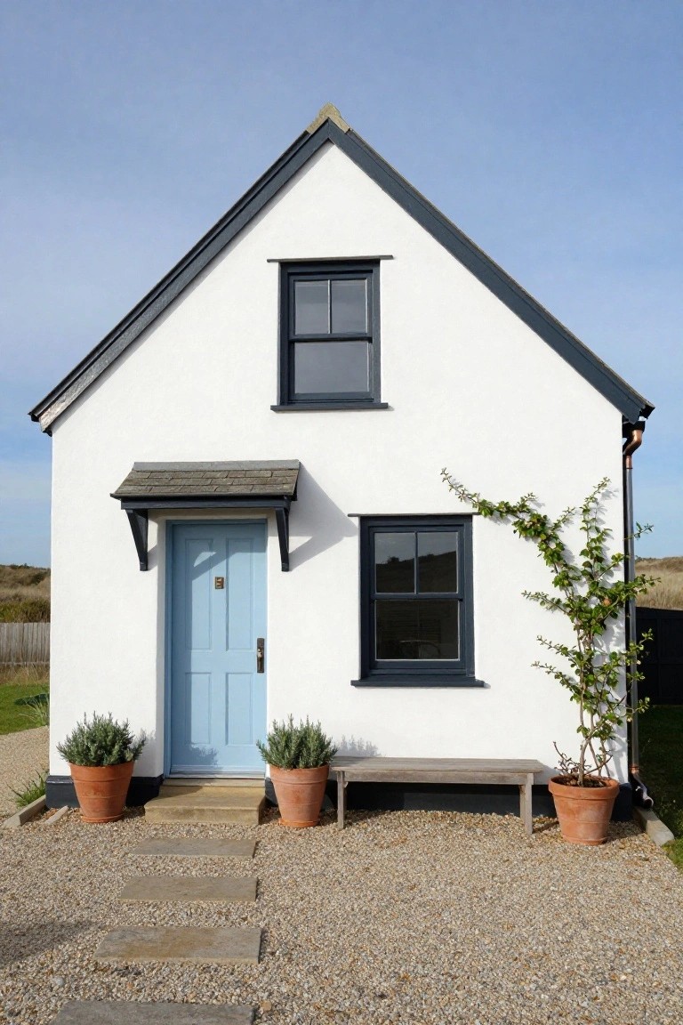 A small white stucco cottage with black window frames and roof edges, a blue front door under a small porch, potted plants on either side, a wooden bench, and gravel path in front.
