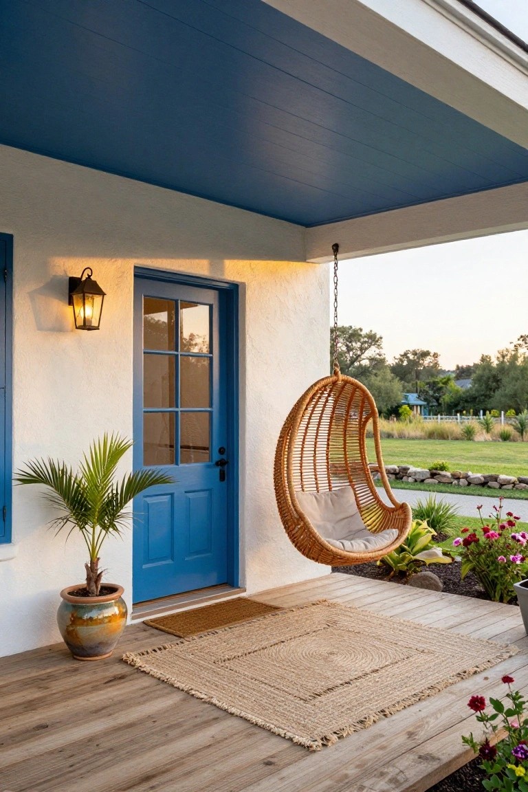 White stucco house exterior featuring a blue front door with glass panels, blue porch ceiling, hanging wicker swing with cushion, potted palm plant in terracotta pot, wall lantern light, seagrass rug, and wooden porch deck.