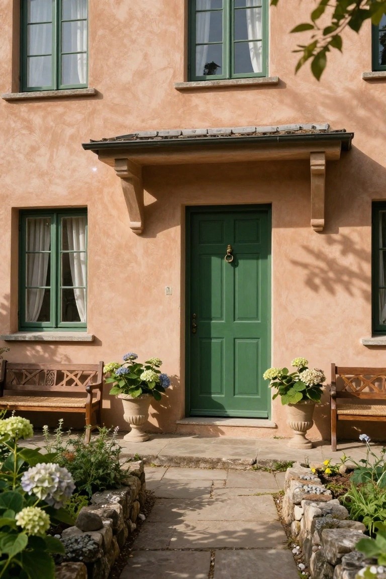 Terracotta stucco cottage exterior with green front door and windows, wooden benches with large hydrangea pots flanking the entry, stone pathway leading to the door, and low garden bed with plants along the front.
