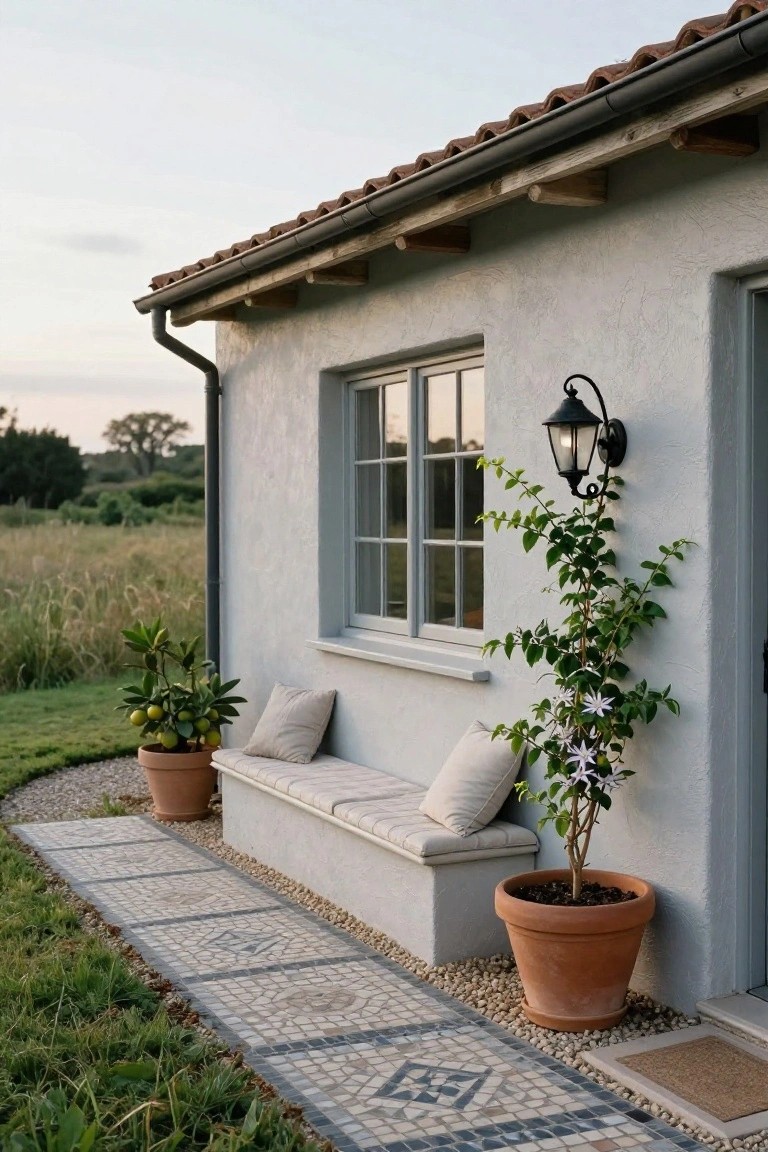 Side view of beige stucco house wall with blue-framed window, built-in cushioned bench below, potted lemon tree and climbing vine plant in terracotta pot beside it, black lantern light fixture, mosaic tiled pathway, and surrounding grass and gravel.